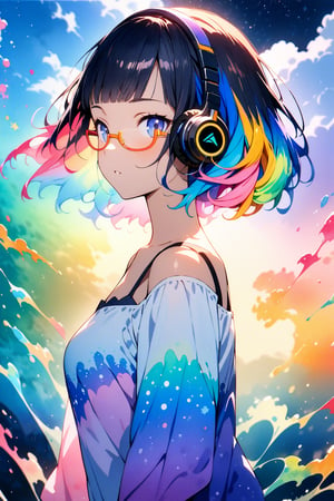 (masterpiece, top quality, best quality,watercolor (medium),official art, beautiful and aesthetic:1.2),(1girl:1.3), (fractal art:1.3),(((semi-rimless yellow eyewear:1.3))),(headphone:1.2),upper body, from side, looking at viewer,patterns,(rainbow color Hair,colorful hair,half blue and half pink hair:1.2),camisole, shiny hair, short hair, blunt bangs,lustrous skin,water,liquid, cloud,colorful, starry,stars,