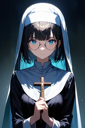 (extremely detailed fine touch:1.3), girl, solo, alone, 2.5d, (((silver semi-rimless round eyewear:1.3))), short hair, smooth hair, blunt bangs, front shot, Beautiful nun, Exquisite facial features,Meticulous portrayal,The eyes are sharply focused,Hands together,holding Beautiful Jesus cross, rim light,Glowing special effects, mist of light, Pure black background
