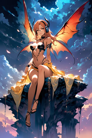 ((top-quality)), ((​masterpiece)), ((ultra-detailliert)), (extremely delicate and beautiful), detailed background, 1girl, solo,  (((yellow under-rimmed glasses:1.3))), (headphones:1.0),alluring succubus, ethereal beauty, perched on a cloud, (fantasy illustration:1.3), enchanting gaze, captivating pose, delicate wings, otherworldly charm, mystical sky, (Luis Royo:1.2), (Yoshitaka Amano:1.1), moonlit night, soft colors, (detailed cloudscape:1.3), (high-resolution:1.2)