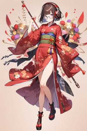 (extremely detailed fine touch:1.3), (((semi-rimless round eyewear:1.3))), (headphone:1.2), short hair, blunt bangs, 1 girl, full body, kimono, 