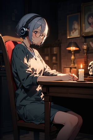  ((top-quality)), ((​masterpiece)), ((ultra-detailliert)), (extremely delicate and beautiful), solo, In a dark anime-style room, a short-haired woman wears glasses and headphones, sits on a chair, has a skull on her lap, leans her elbows and a candle on the desk, and feels the light. An image of someone looking at a candle in an inviting atmosphere.