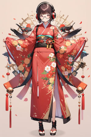 (extremely detailed fine touch:1.3), (((semi-rimless round eyewear:1.3))), (headphone:1.2), short hair, blunt bangs, 1 girl, full body, kimono, 