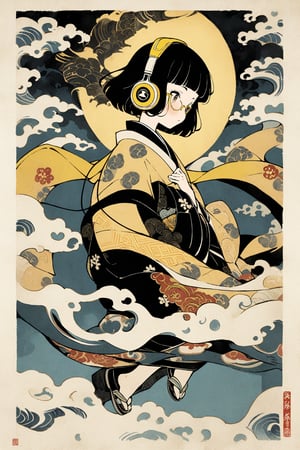 (super very black short hair:1.3), blunt bangs, (((yellow glasses:1.3))), (headphones:1.3), 
ukiyoe art, 1girl, eyelashes, blush, full_body