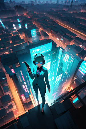 (extremely detailed fine touch:1.3), (((sunglasses:1.3))), (headphone:1.2), short hair, blunt bangs, glowing girl, solo, from above, full body, standing, model pause, (turquoise business suit:1.3), handgun, hibiscus pattern Inner shirt, black Highheel, High detailed An empty slum district