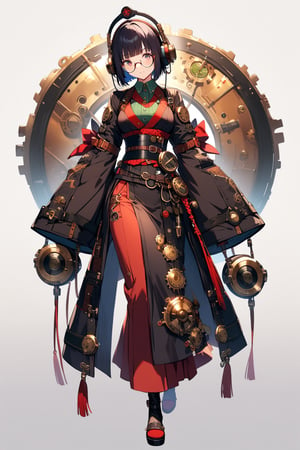 (extremely detailed fine touch:1.3), (((semi-rimless round eyewear:1.3))), (headphone:1.2), short hair, blunt bangs, 1 girl, full body, kimono, steampunk,
