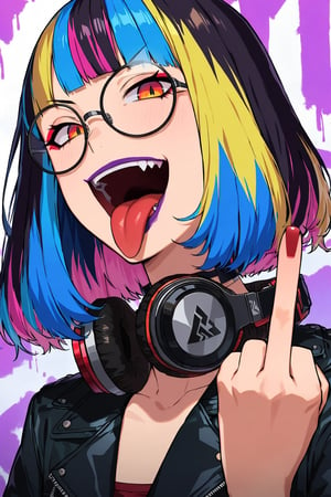(extremely detailed fine touch:1.3), (((semi-rimless round eyewear:1.3))), (wear headphones around neck:1.2), short hair, (((multicolored hair:1.3))), blunt bangs, 1girl, (tongue piercing:1.0), makeup, open mouth, tongue out, fang, evil smile, (one hand Middle Finger:1.3), Graffiti, ear piercing , makeup, graffiti wall ,choker shot, choker, black leather jacket,