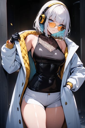 ((top-quality)), ((​masterpiece)), ((ultra-detailliert)), (extremely delicate and beautiful),1 girl, (((yellow glasses:1.3))), (headphone:1.2), shiny hair, lustrous skin,  white short hair, blunt bangs, mafia, black shirt, black gloves, white shorts, white coat, light blue eyes, eagle tattoo on clavicle