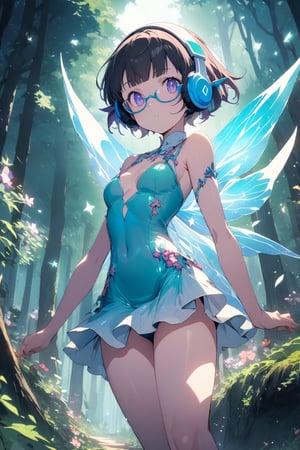 Masterpiece, extremely detailed junk art Anime, (super very short hair:1.3), blunt bangs, (((underrim glasses:1.3))), (headphones:1.3), a hauntingly beautiful cute fairy jump flying in the forest. her vibrant and youthful features create a striking juxtaposition of ethereal beauty. tight latex fairy dress, short dress, sparkly wings.