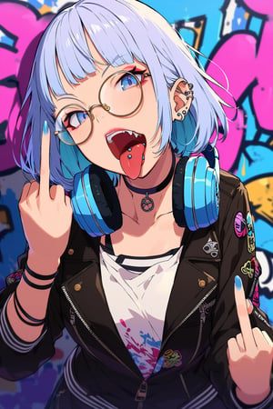 (extremely detailed fine touch:1.3), (((semi-rimless round eyewear:1.3))), (wear headphones around neck:1.2), short hair, multicolored hair, blunt bangs, 1girl, (tongue piercing:1.1), teeth,makeup,open mouth,tongue out, fang, Middle Finger, Graffiti, ear piercing , makeup, graffiti wall ,choker shot, choker, black leather jacket,