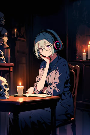 solo, In a dark anime-style room, a short-haired woman wears glasses and headphones, sits on a chair, has a skull and a candle on her lap, leans her elbows on the desk, and feels the light. An image of someone looking at a candle in an inviting atmosphere.