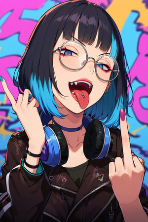 (extremely detailed fine touch:1.3), (((semi-rimless round eyewear:1.3))), (wear headphones around neck:1.2), short hair, (multicolored hair:1.1), blunt bangs, 1girl, (tongue piercing:1.0), makeup, open mouth, tongue out, fang, evil smile, 1(one hand Middle Finger), Graffiti, ear piercing , makeup, graffiti wall ,choker shot, choker, black leather jacket,