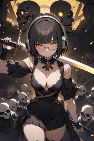 Masterpiece, best quality, extremely detailed, chibi girl, Black and White, warrior, holding sword. (((yellow under-rimmed glasses:1.3))), short hair, blunt bangs, headphone, medium breasts, clavicle, cleavage, glowing sword, skull and crossbones background