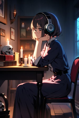 solo, In a dark anime-style room, a short-haired woman wears glasses and headphones, sits on a chair, has a skull on her lap, leans her elbows and a candle on the desk, and feels the light. An image of someone looking at a candle in an inviting atmosphere.