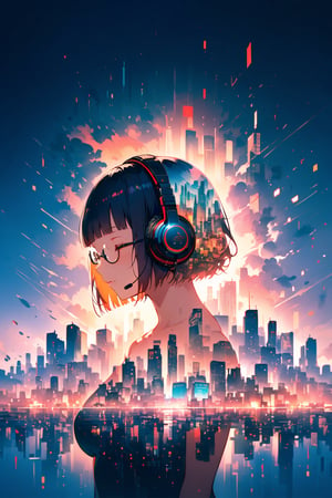 Double Exposure (extremely detailed fine touch:1.3), (((semi-rimless eyewear:1.3))), (headphone:1.0), short hair, blunt bangs, 1 girl, solo, (from front shot:1.3), nude, closed eyes, medium breasts, hyper-detailed zentang tokyo city background,