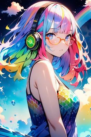 (masterpiece, top quality, best quality,watercolor (medium),official art, beautiful and aesthetic:1.2),(1girl:1.3), (fractal art:1.3),(((semi-rimless yellow eyewear:1.3))),(headphone:1.2),upper body, from side, looking at viewer,patterns,(rainbow color Hair,colorful hair,half blue and half pink hair:1.2),camisole, shiny hair, short hair, blunt bangs,lustrous skin,water,liquid, cloud,colorful, starry,stars,