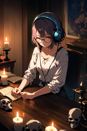 solo, In a dark anime-style room, a short-haired woman wears glasses and headphones, sits on a chair, has a skull on her lap, candle and a leans her elbows on the desk, and feels the light. An image of someone looking at a candle in an inviting atmosphere.