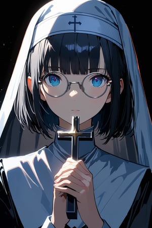 (extremely detailed fine touch:1.3), girl, solo, alone, 2.5d, (((silver semi-rimless round eyewear:1.3))), short hair, smooth hair, blunt bangs, Beautiful nun, Exquisite facial features,Meticulous portrayal,The eyes are sharply focused,Hands together,holding Beautiful cross, rim light,Glowing special effects,Pure black background
