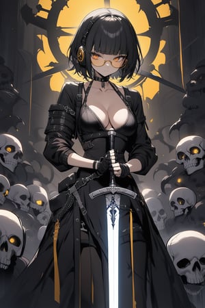 Masterpiece, best quality, extremely detailed, Gothicpunk, girl, Black and White, warrior, holding planted glowing  Blood Sword, (((yellow under-rimmed glasses:1.3))), short hair, blunt bangs, headphone, medium breasts, clavicle, cleavage, Standing in honor, skull and crossbones background, 