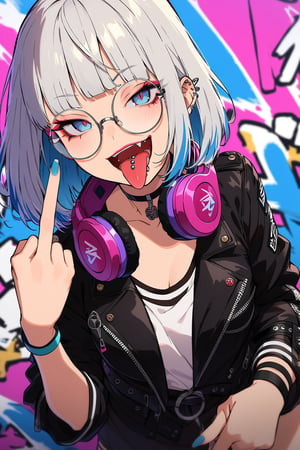 (extremely detailed fine touch:1.3), (((semi-rimless round eyewear:1.3))), (wear headphones around neck:1.2), short hair, (multicolored hair:1.1), blunt bangs, 1girl, (tongue piercing:1.0), makeup, open mouth, tongue out, fang, evil smile, (one hand Middle Finger), Graffiti, ear piercing , makeup, graffiti wall ,choker shot, choker, black leather jacket,