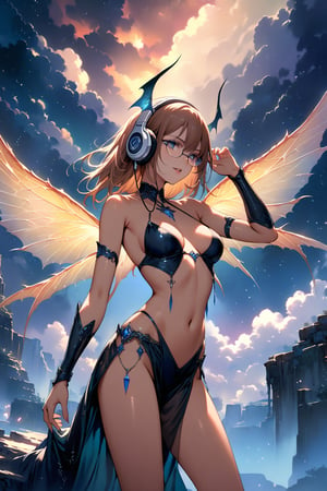 ((top-quality)), ((​masterpiece)), ((ultra-detailliert)), (extremely delicate and beautiful), detailed background, 1girl, solo,  (((yellow under-rimmed glasses:1.3))), (headphones:1.0),alluring succubus, ethereal beauty, perched on a cloud, (fantasy illustration:1.3), enchanting gaze, captivating pose, delicate wings, otherworldly charm, mystical sky, cowboy shot, (Luis Royo:1.2), (Yoshitaka Amano:1.1), moonlit night, soft colors, (detailed cloudscape:1.3), (high-resolution:1.2)