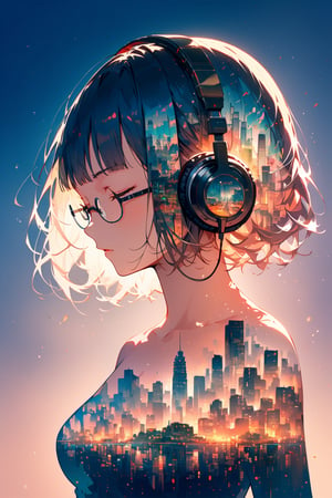 Double Exposure (extremely detailed fine touch:1.3), (((semi-rimless eyewear:1.3))), (headphone:1.2), short hair, blunt bangs, 1 girl, solo, (from front shot:1.3), nude, closed eyes, medium breasts, The backdrop is a hyper-detailed tokyo city perfect for, Beautifully, Intricate illustrations, 