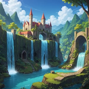 fantasy landscape, no humans, outdoors, castle, waterfall, forest ruins, ((night time)),
BREAK
anime screencap, scenery, masterpeice, best quality, very aesthetic, absurdres, intricate details, score_9,score_8_up,score_7_up,score_6_up, (source_anime), (blurry background), (depth of field),