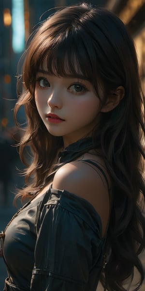 cute korean large-eyed girl, bangs, 
steampunk style, stylish girl wearing streetwear in a steampunk street, exuding heavenly beauty while barely clothed, 
masterpiece, croquis, fairytale oil painting, dark atmosphere rough texture, dark details, beauty legs, black eyes, highly details, best Quality, cinematic quality, Tyndall effect, good composition, volume lighting, Film light, dynamic lighting, cinematic lighting, 
,               ,