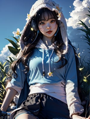 a cute korean girl large-eyed girl, bangs, long wavy hair, lying down, 
see through dress, sky, shorts, day, sword, cloud, hood, two-tone hair, blue sky, headphones, bike shorts, science fiction, orchid flowers, petals, 
octane rendering, ray tracing, 3d rendering, masterpiece, best Quality, Tyndall effect, good composition, highly details, warm soft light, three-dimensional lighting, volume lighting, Film light,