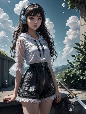 a cute korean girl large-eyed girl, bangs, long wavy hair, 
see through dress, sky, shorts, day, sword, cloud, hood, two-tone hair, blue sky, headphones, bike shorts, science fiction, orchid flowers, petals, 
octane rendering, ray tracing, 3d rendering, masterpiece, best Quality, Tyndall effect, good composition, highly details, warm soft light, three-dimensional lighting, volume lighting, Film light,
