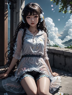 a cute korean girl large-eyed girl, bangs, long wavy hair, lying down, 
see through dress, sky, shorts, day, sword, cloud, hood, two-tone hair, blue sky, headphones, bike shorts, science fiction, orchid flowers, petals, 
octane rendering, ray tracing, 3d rendering, masterpiece, best Quality, Tyndall effect, good composition, highly details, warm soft light, three-dimensional lighting, volume lighting, Film light,