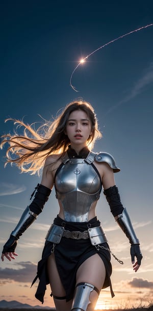 (An ethereal beauty in samurai armor), (her long silver hair flowing behind her, dancing in an eerie breeze), ( Manipulated with frightening precision, the blade cuts through the air in graceful arcs), 
(mechanized armor covers her lower body, its joints moving with otherworldly fluidity), 
(her face moves with otherworldly fluidity) remains stoic and unyielding, focused on the enemy in front of him), (strange foreign landscape), (towering crystal structures and (fields of shimmering energy)) ,
(The air crackles with the energy of the storm),
 (Suddenly, a beam of light cuts through the sky and hits the ground nearby) (The impact ripples across the landscape), (Small glowing spheres fly out of nowhere.
 (The orb pulsates with energy, (healing wounds and replenishing its power)), (She walks towards the horizon, (Her figure slowly disappears into the distance) I'm going)), (as if she wasn't there),