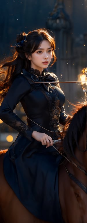 a young woman,looking at the camera, posing,ulzzang, streaming on twitch, character album cover,black moment,style of bokeh, witch dress, ,moody lighting,appropriate comparison of cold and warm, hair over one eye, bow on head, reality,idol,Beauty,beauty,Holding a crossbow, riding a horse