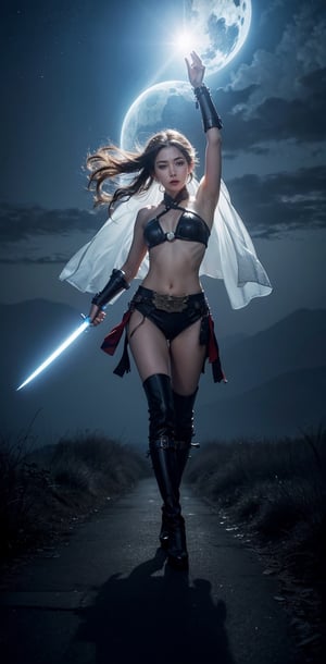 In this otherworldly landscape, (an ethereal beauty in samurai armor), (her long silver hair flowing behind her, dancing in an eerie breeze), (she holds a glowing blue sword) Manipulated with frightening precision, the blade cuts through the air in graceful arcs), (mechanized armor covers her lower body, its joints moving with otherworldly fluidity), (her face moves with otherworldly fluidity) remains stoic and unyielding, focused on the enemy in front of him), (strange foreign landscape), (towering crystal structures and (fields of shimmering energy)) (the sky swirls above, looming (The air crackles with the energy of the storm), (Suddenly, a beam of light cuts through the sky and hits the ground nearby) (The impact ripples across the landscape), (Small glowing spheres fly out of nowhere. (The orb pulsates with energy, (healing wounds and replenishing its power)), (She walks towards the horizon, (Her figure slowly disappears into the distance) I'm going)), (as if she wasn't there),xxmixgirl,underb00b,midjourney,doax_nixie