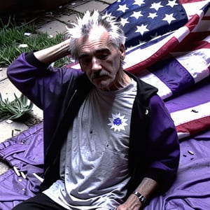 VHSfootage, Cornflower man addicted to fentanyl, On the ground, writhing in pain, malnourished, about to die from an over dose on a purple-stained US flag, full body, No muscles, expressive face, detroit alley, Low resolution 144p, subjective plane, gray-haired 80 year old man