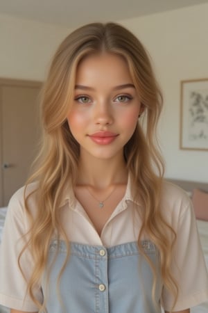 Generate a radiant, hyper-realistic portrait of a stunning teenager: - Heart-shaped face with a feminine structured rosy red jawline - Green eyes, fair, olive skin- Blonde hair (loose, wavy, curled and vibrant) - Rosy red lips (plump and inviting) - Freckled cheeks (scattered across her nose and upper cheeks) - Button nose (small and adorable) - Almond-shaped eyes (slightly tilted upwards) - Porcelain-like skin with a subtle golden glow - Thick, long, wavy blonde hair, natural blonde (waist-length) in a ponytail - Luscious curls, soft natural texture - Sparkling eyes directly at the camera Physique: - 5'3", 125 lbs, 34" waist, B-cup bust - Proportionate, fit body Outfit: - school uniform,  white shirt and a blue school skirt - Cute, teenage, normal girl design