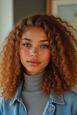 Capture a candid photo of a stunning 18-year-old girl, year-old petite teenager, young, youth, child, kid, blending Black and Spanish heritage. She has fluffy curly brown hair, Type 4 hair, lush and vibrant, long curly hair, middle part. *Softened Square Features:* 1. "Strong, yet delicate square jawline." 2. "Angular features softened by gentle curves." 3. "Square head shape with rounded edges." 4. "Feminine square face with subtle, refined lines." Describe a stunning golden brown girl with: - Curly, golden brown hair, dark brown hair- Bright hazel eyes - button nose - Full, heart-shaped lips - Warm, radiant complexion" *Setting:* - Natural light (near a window or outside) - Soft, pastel-colored background (optional) - Minimal distractions *Pose:* - Relaxed, slight subtle smile - Chin slightly tilted up - Shoulders back, confident posture - Hair styled naturally *Expression:* - Genuine, closed lips - Sparkling eyes - Subtle, natural makeup (optional) *Outfit* -  a long sleeve  blue turtle neck and a opened denim jean jacket *Style Influences:* - Soft focus or subtle filter - Natural colors and lighting - Authentic, effortless vibe *Capture:* - A moment of self-love and confidence - A glimpse of your personality - *Figure*-Average 5’3”, 115lbs,- "High-res" - "Ultra-detailed" - "Photorealistic" - "Sharp focus" - "Crystal clarity" - "Cinematic quality"