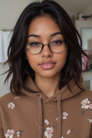 Create a breathtakingly realistic portrait of an 18-year-old mixed-heritage girl, blending South African and Japanese roots:

- Relaxing at home, in her bathroom taking a selfie
- Cinnamon, Mocha brown skin with subtle sheen
- Almond-shaped Asian eyes, full lips, small button nose, braces
- Structured cheekbones, feminine features

*Hair:*

- EXTRA LONG, WAIST-LENGTH DARK HAIR (below the waist)
- LUSH, CURLY LOCKS (tail bone length)
- LONG HAIR, LONG CURLS, FLOWING HAIR
Longer hair, in a pony tail, all hair in pony tail

*Physique:*

- Petite, toned (5'3", 125 lbs, 34" waist)
- Proportionate, realistic body

*Outfit:*

- brown dope/cool printed pull over hoodie with hope and pull strings
- Matching denim jeans

*Accessories:*

- *PRESCRIPTION GLASSES* (black square framed)
- Glasses, specs, eyewear (emphasize)

*Makeup and Pose:*

- Minimal makeup, natural glow
- Confident pose, bright smile, pearly white teeth

*Essence:*

- American girl, mixed race, beautiful blend
- Captivate her relaxed, carefree spirit

*Quality:*

- Realistic, photo-real, photo-realistic, real-life
- High-resolution, ultra-detailed, photorealistic textures
- Razor-sharp edges, crystal-clear facial features, 

Square Shaped prescription glasses on all generates

Why is it so hard for you to make her hair long? Long hair please