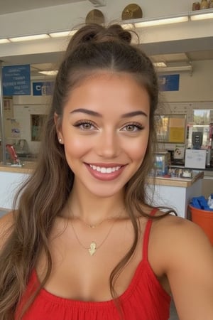 Generate a radiant, hyper-realistic portrait of a stunning teenager at a bright school: - Heart-shaped face with a feminine structured rosy red jawline - Green eyes, fair, olive skin- natural Blonde hair (loose, wavy, curled and vibrant) - Rosy red lips (plump and inviting) - Freckled cheeks (scattered across her nose and upper cheeks) - Button nose (small and adorable) - Almond-shaped eyes (slightly tilted upwards) - Porcelain-like skin with a subtle golden glow - Thick, long, wavy blonde hair, natural blonde (waist-length) in a ponytail - Luscious curls, soft natural texture - Sparkling eyes directly at the camera Physique: - 5'3", 125 lbs, 34" waist, B-cup bust - Proportionate, fit body Outfit: - school uniform, skirt,  Bright red and white - smiling from cheek to cheek, ear to ear, showing off pearly whites. Cute, teenage, normal girl design,green eyes,long wavy hair,Sam,sama, daughter of guy and khai, 