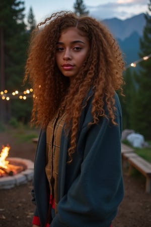 Generate an image of a stunning 18-year-old petite teenager, young, youth, child, kid, blending Black and Spanish heritage. She has fluffy curly golden brown hair, Type 4 hair, lush and vibrant, falling in loose waves down her back.

Setting:
- Outdoor: A serene mountain campsite at dusk, mountain view
- Soft, warm lighting with subtle shadows and twinkling string lights
- Tall trees surrounding a cozy clearing, with a crackling campfire and rustic wooden benches
- Camping gear and equipment subtly integrated into the scene

Physical Description:
- Fair skin with a subtle, sun-kissed glow
- Bright, expressive hazel eyes
- olive, dark Italian skin

Outfit:
- Comfortable, blue earth-toned camping shirt (flannel or fleece)
- Practical hiking pants or leggings
- Warm, cozy cardigan 
- Sturdy hiking boots

Style:
-Effortless, coastal chic
- Confident, carefree, innocent pose

Mood:
- Serene, joyful, and radiant
- Capturing the essence of a relaxed summer afternoon
Inspired by singer Tyla's vibrant energy and style, create a breathtaking image that embodies beauty, elegance, and a laid-back coastal vibe.