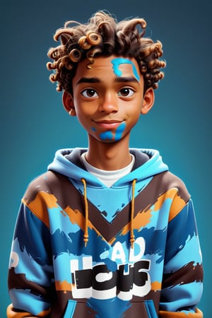 Clean Cartoon-brushstrokes Painting, crisp, simple, colored_lineart_illustration style, 1 boy, (21 years old), dark skin, melanated, light brown, curly hair, short hair, realism, cool, Nonchalant, full body, uniform, school, tom boy, sweater, pull over, hoodie, chad, chizzled, bad boy, thug, mean mug, mean face, I don't care face, Instagram, selfie, smiling, , handsome, quirky, innocent, masculine, hard, innocent, whimsical, happy, young, vibrant, cute, slender/slim body shape, normal size head, head that fits body, high quality, masterpiece ,3D