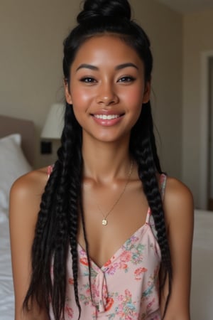 Here's the rewritten prompt in words:

"Create a stunning portrait of an 18-year-old mixed-heritage girl, blending South African and Japanese roots:

- Chilling, hanging out at home, in  her bedroom with her laptop
- Cinnamon, Mocca brown skin with subtle sheen
- Almond-shaped asian eyes, full lips, small button nose, small petite nose, braces, 
- Structured cheek bones, feminine features, 
- Long straight hair in two braids, all hair in braids, light hair out on the side
- Petite, toned physique (5'3", 125 lbs, 34" waist) head fits body, realistic body
- Chic pajamas
- Minimal makeup, natural glow
- Confident pose, bright smile, pearly white teeth

Capture her essence: American girl, mixed race, beautiful blend."

Realistic, photo real, photo realistic, real