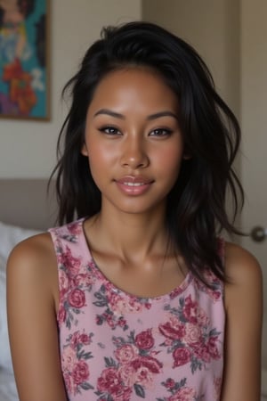 Create a breathtakingly realistic portrait of an 18-year-old mixed-heritage girl, blending South African and Japanese roots:

- Relaxing at home, in her  bedroom  reading a book
- Cinnamon, Mocha brown skin with subtle sheen
- Almond-shaped Asian eyes, full lips, small button nose, small petite nose, braces
- Structured cheekbones, feminine features

*Hair:*

- EXTRA LONG, WAIST-LENGTH DARK HAIR (below the waist)
- LUSH, CURLY LOCKS (tail bone length)
- LONG HAIR, LONG CURLS, FLOWING HAIR
Longer hair, in a pony tail, all hair in pony tail, no hair out

*Physique:*

- Petite, toned (5'3", 125 lbs, 34" waist)
- Proportionate, realistic body

*Outfit:*

- a cute girly pajamas  matching top and bottom

*Accessories:*

- *PRESCRIPTION GLASSES* (black square framed)
- Glasses, specs, eyewear (emphasize)

*Makeup and Pose:*

- Minimal makeup, natural glow
- Confident pose, bright smile, pearly white teeth

*Essence:*

- American girl, mixed race, beautiful blend
- Captivate her relaxed, introvert, care free, home body

*Quality:*

- Realistic, photo-real, photo-realistic, real-life
- High-resolution, ultra-detailed, photorealistic textures
- Razor-sharp edges, crystal-clear facial features, 

Square Shaped prescription glasses on all generates

Why is it so hard for you to make her hair long? Long hair please