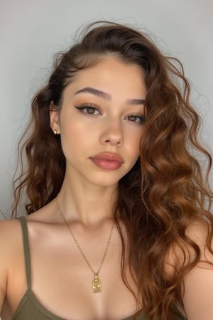 A beautiful young 16-20 years old blue eyed, fair/olive brown skin, golden brown skin, mixed american black and Japanese heritage girl with deep brown eyes and thick long curly hair, asian eyes, pointy eyes, full lips. girl taking an instagram/Pinterest selfie in her room at her home, a very elegant girl wearing beige with a white backdrop of her home, sexy yet innocent, red hair 

iPhone Photography,long hair,iPhone Photography,wavy hair,iPhone Photography,Blasian,iPhone Photography,American girl