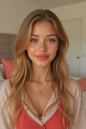 Generate a radiant, hyper-realistic portrait of a stunning teenager: - Heart-shaped face with a feminine structured rosy red jawline - Green eyes, fair, olive skin- Blonde hair (loose, wavy, curled and vibrant) - Rosy red lips (plump and inviting) - Freckled cheeks (scattered across her nose and upper cheeks) - Button nose (small and adorable) - Almond-shaped eyes (slightly tilted upwards) - Porcelain-like skin with a subtle golden glow - Thick, long, wavy blonde hair, natural blonde (waist-length) in a ponytail - Luscious curls, soft natural texture - Sparkling eyes directly at the camera Physique: - 5'3", 125 lbs, 34" waist, B-cup bust - Proportionate, fit body Outfit: - school uniform, skirt,  Bright red and white - Cute, teenage, normal girl design