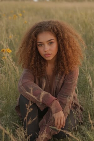 Capture a candid photo of a stunning 18-year-old girl, year-old petite teenager, young, youth, child, kid, blending Black and Spanish heritage. She has fluffy curly brown hair, Type 4 hair, lush and vibrant, long curly hair, middle part. *Setting:* outside, sitting in grass and flowers *Pose:* sitting in a park by grass and sunflowers *Expression:* either Sultry, playful, duck and mischievous. Instagram facial expressions 8Outfit:* -Oversized flannel shirt, black leggings, ankle boots, sneakers *Figure* -Average 5’3”, 125lbs