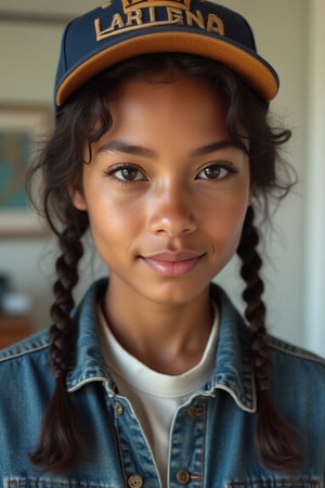 2 braids, fitted cap
Brown eyes shining, small button nose, small full lips
confident and bright
Petite, curvy, cool-girl stride
White shirt, loose dark blue jean jacket and loose jeans, denim, Levi,
Straight face, smiling with eyes,
Private citizen, beautiful form
Inspired by nyc female rapper boog the bandit
Lesbian
Light skin
No make up