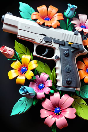Clean Cartoon-brushstrokes Painting, crisp, simple, colored_lineart_illustration style, realistic, realism, 3D Cartoon, 3D Art, vibrant colors, p226 sig sauer pistol, pistol covered in flowers, flowers coming out of pistol, gun, handgun, art, beautiful, gallery, 3D, black gun, colorful flowers,