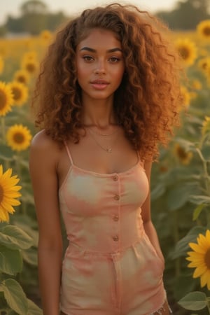 Generate a candid, stunning photo of an 18-year-old girl:

- Blending Black and Spanish heritage
- Fluffy curly brown hair (Type 4), lush and vibrant, long curly hair, middle part

Setting:

- Outside in a garden or park
- Sitting amidst sunflowers and grass
- Warm, natural lighting

Pose:

- Sitting with legs crossed or stretched out
- Leaning against a tree or sunflower
- Lying down in the grass, laughing

Expression:

- Sultry: intense gaze, parted lips
- Playful: giggling, hair toss
- Quirky: duck face, tongue-out

Outfit:

- Tie-dye romper, sneakers, layered necklaces
- Cropped denim jacket, white tee, high-waisted distressed shorts
- Floral maxi dress, sandals, statement earrings

Figure:

- Petite, 5’3”, 125lbs
- Average build

Style:

- Instagram-inspired, casual-chic
- Soft focus, warm filters, natural texture overlays