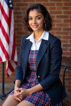 Generate an image of a stunning 17-year-old woman, blending White and Spanish heritage. She has short wavy hair, lush and vibrant, falling in loose waves down her back. 
"Describe a private school girl in a traditional uniform:

Wearing a:
- White  blouse with a conservative collar
- Blue with red and white jumper Plaid or pleated skirt ( just above knee or shorter, not too short*)
- Navy blue or dark-colored blazer or cardigan
- White socks and black shoes (loafers or Mary Janes)

Pose:
- Sitting with hands clasped or holding a graduation hat or diploma
- Soft, gentle smile, with or without teeth 

Background:
- A warm, American flag, full brick background

Include details:
- Neat, stylish hairstyle (e.g., ponytail, loose hair)
- Minimal jewelry (e.g., simple watch, classic earrings, necklace)
- Innocent, yet captivating expression

Convey a sense of:
- Polished elegance
- Youthful charm
- Intelligent, confident demeanor"

To add subtle appeal without revealing skin:
- Emphasize the uniform's fitted silhouette
- Highlight the subject's bright, expressive eyes
- Capture a soft, natural light illuminating the scene