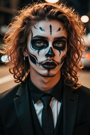 a close-up of an American male, white sclera, natural blonde curly curly hair, blonde hair, green eyes, emerald green eyes, skull makeup, black lipstick, muscular, toned male, abs, nose and eye brow piercing, suit, horror_theme, posing, outdoors, night, scenery, a photorealistic, 8K, ultra-detailed, best quality, super fine illustration, detailed light, realistic lighting, symmetrical face paint, white and black,Handsome,mid long hair blonde,giaro,model